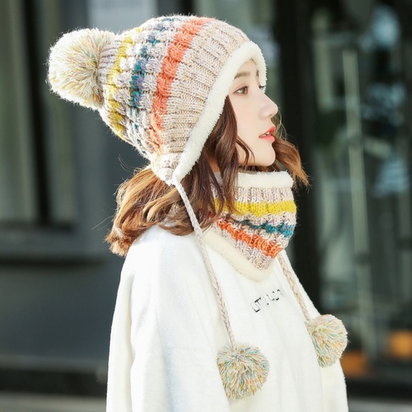 Accessories - Winter Colorful Knit Pom Pom Hat with Neck Gaiter